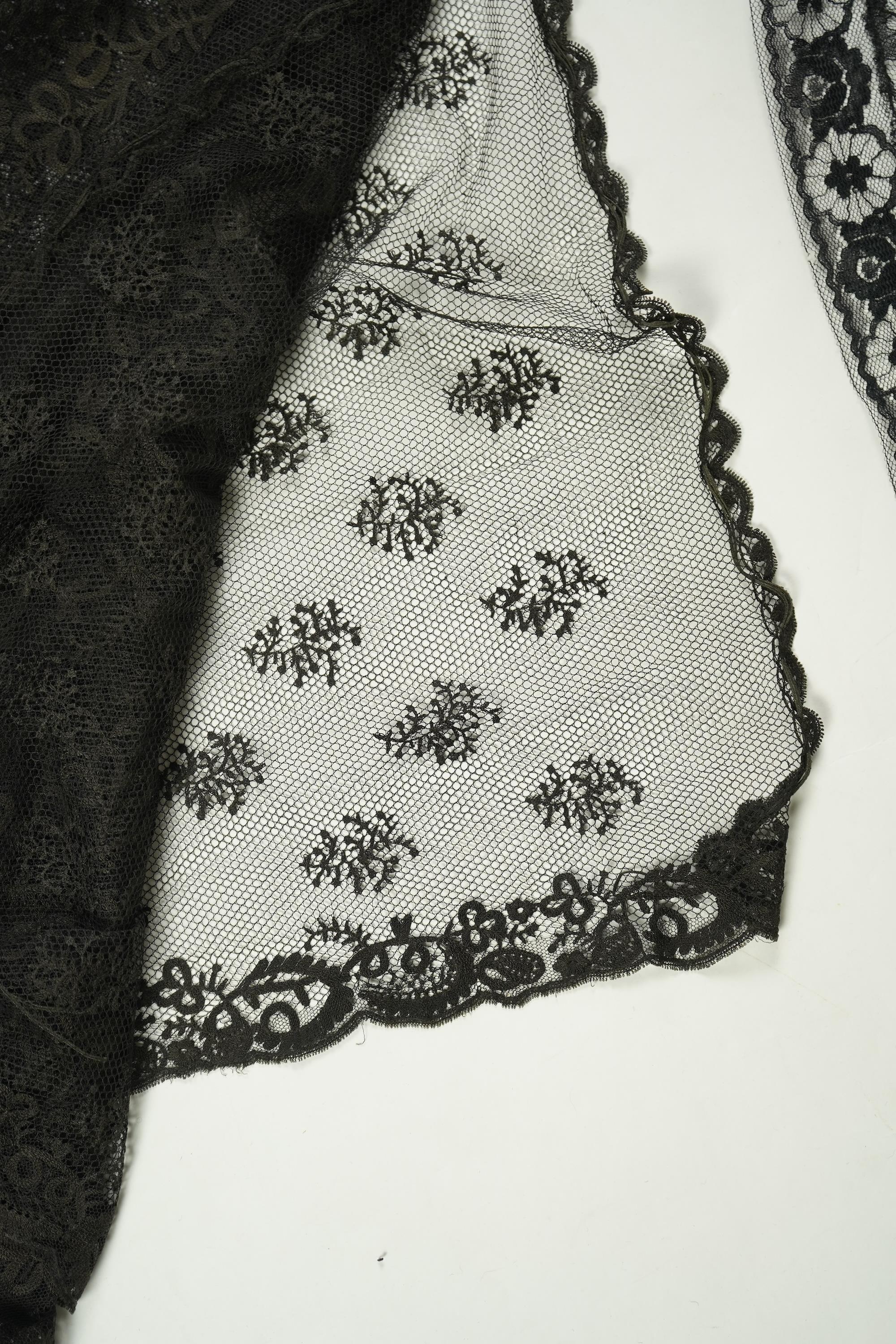 A fine cream and black silk ‘tatting’ stole, two black silk stoles, two bonnet veils and various collars and small triangular mantilla etc. Condition - some damage to bonnet veil., Tatting stole 184cm long.